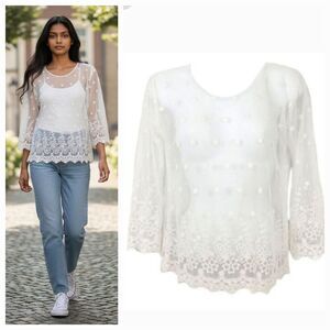 Vintage 90's Y2K Sheer Mesh Floral Embroidered Top in White Size Small